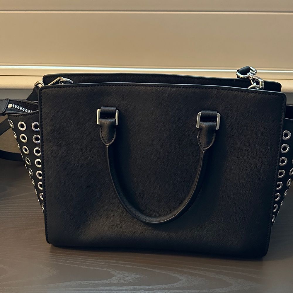 Michael Kors Black Satchel with Silver Eyelet Rivet Accents Crossbody Strap - Picture 2 of 8